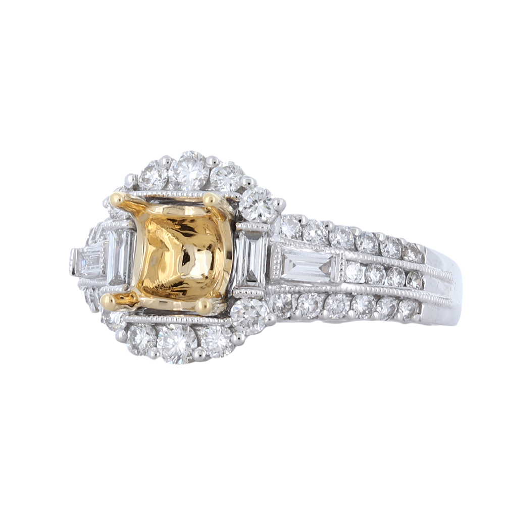 18K Two Tone Cushion Halo And Accent Side Diamond Semi-Mount With Round And Baguette Diamonds, 0.77Ct Round Diamond,  0.17 Ct Baguette Diamonds