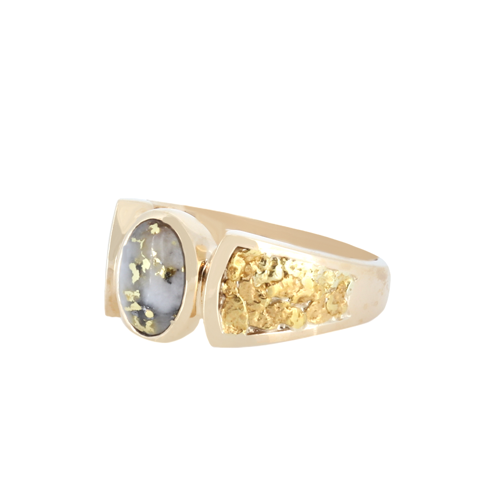 14K Yellow Oval Gold Quartz & Gold Nuggets Women's Signet Ring