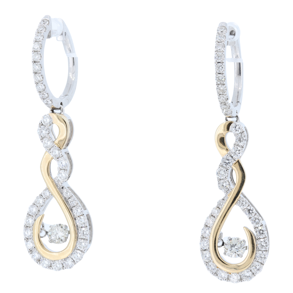 Rocking Diamond Solitaire Drop Earrings With Diamond Halo In 14K Two-Tone Gold Withn 1.71 Carat Diamonds.