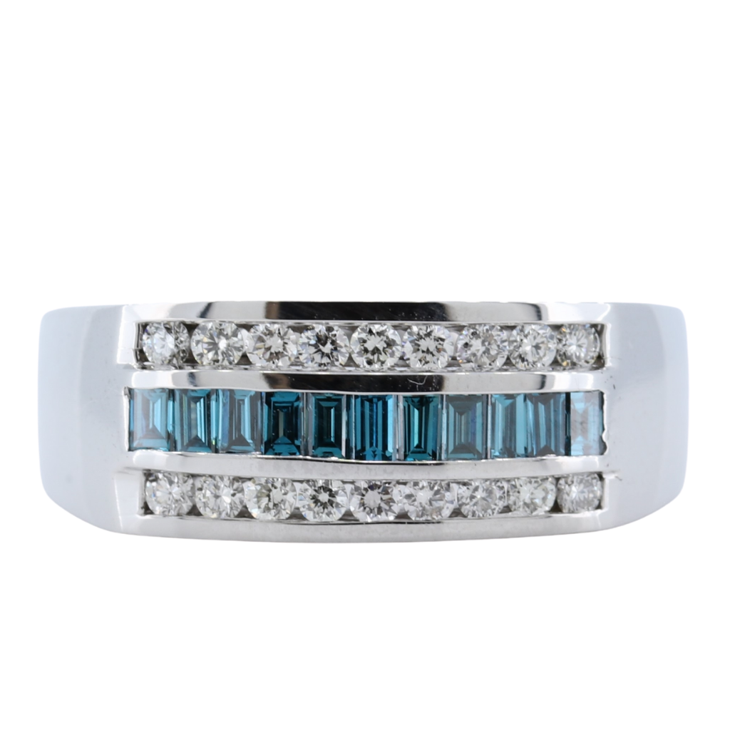 1.13 Carat White and Blue Diamond Mens Ring in 14k White Gold