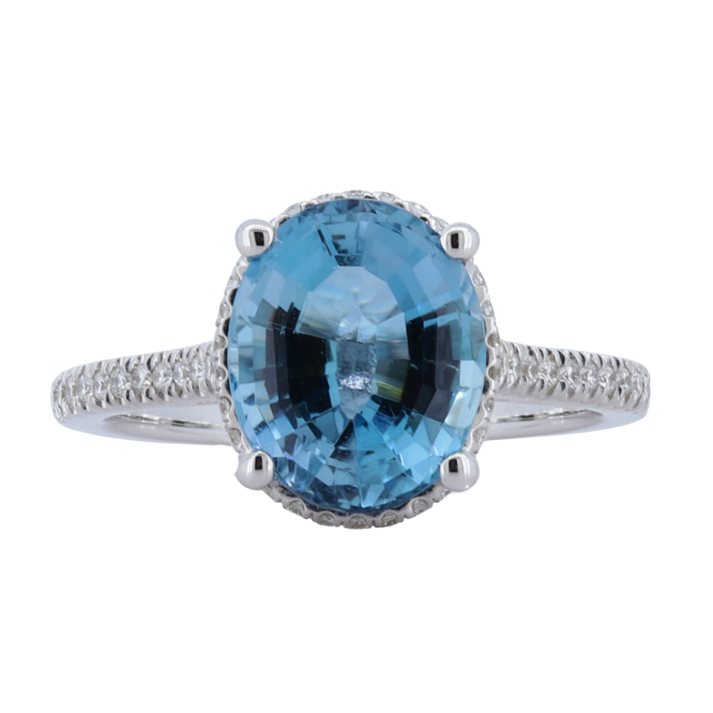 Oval Aquamarine Halo Ring With Diamond Accents, 14Kt White Gold