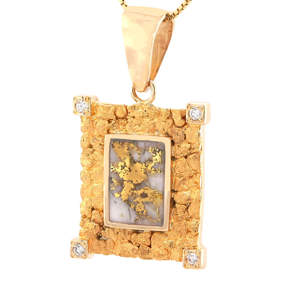 14kt Yellow Gold Natural Gold Quartz And Natural Gold Nuggets Diamond Pendant