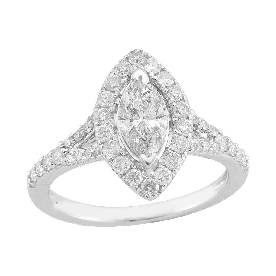 Halo Split Shank Diamond Engagement Ring made in 14k white gold (Total diamond weight 1 1/4 carat)-Marquise
