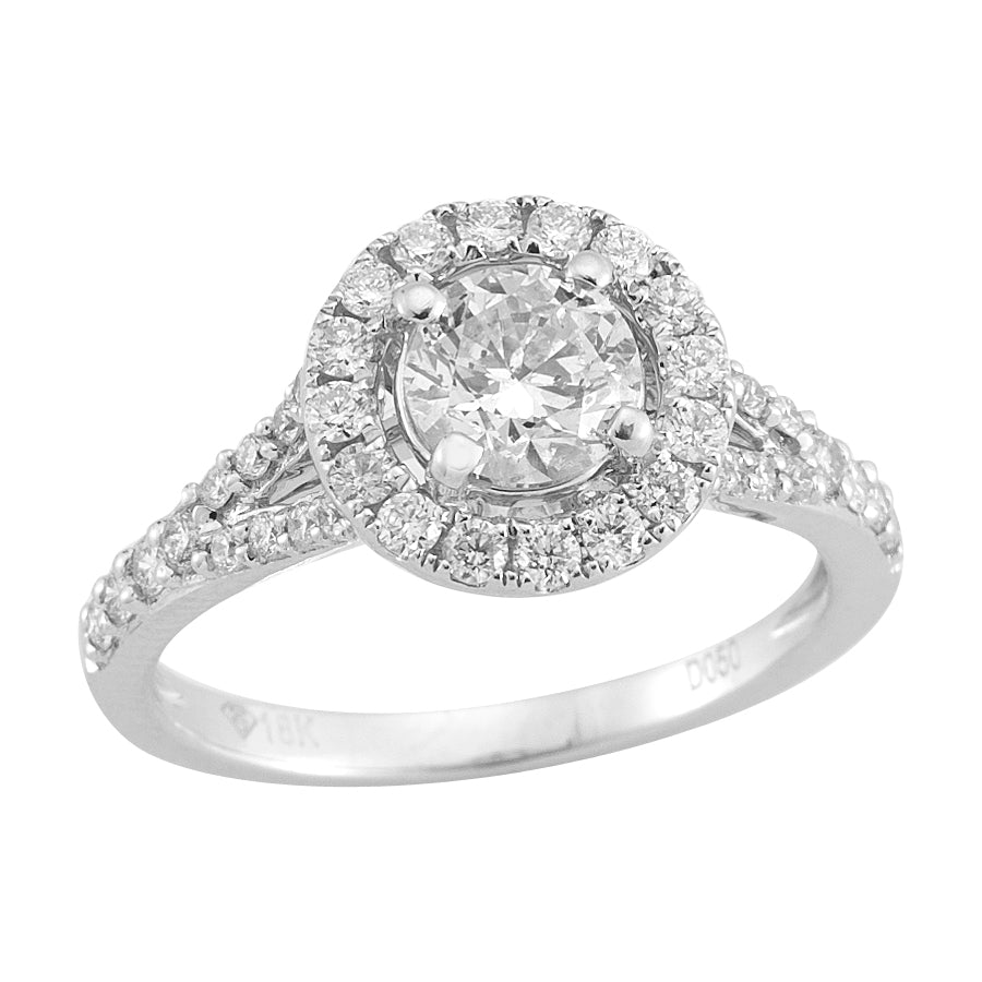 Halo Split Shank Diamond Engagement Ring made in 14k white gold (Total diamond weight 1 1/4 carat)-Round