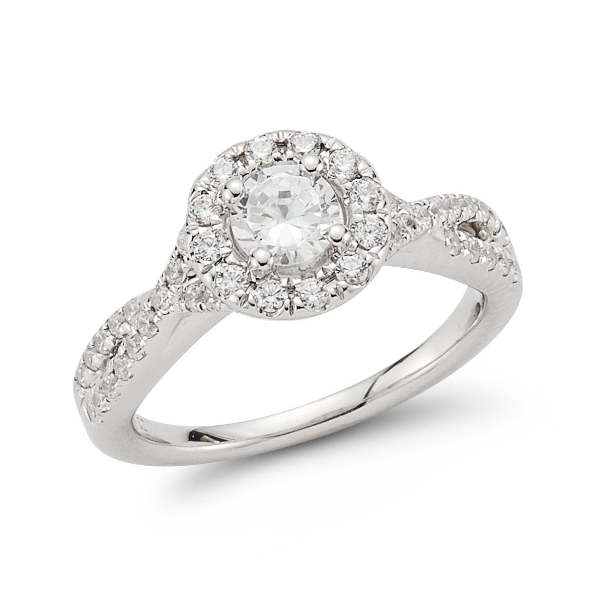 Halo Twist Shank Diamond Engagement Ring made in 14k White gold-Round