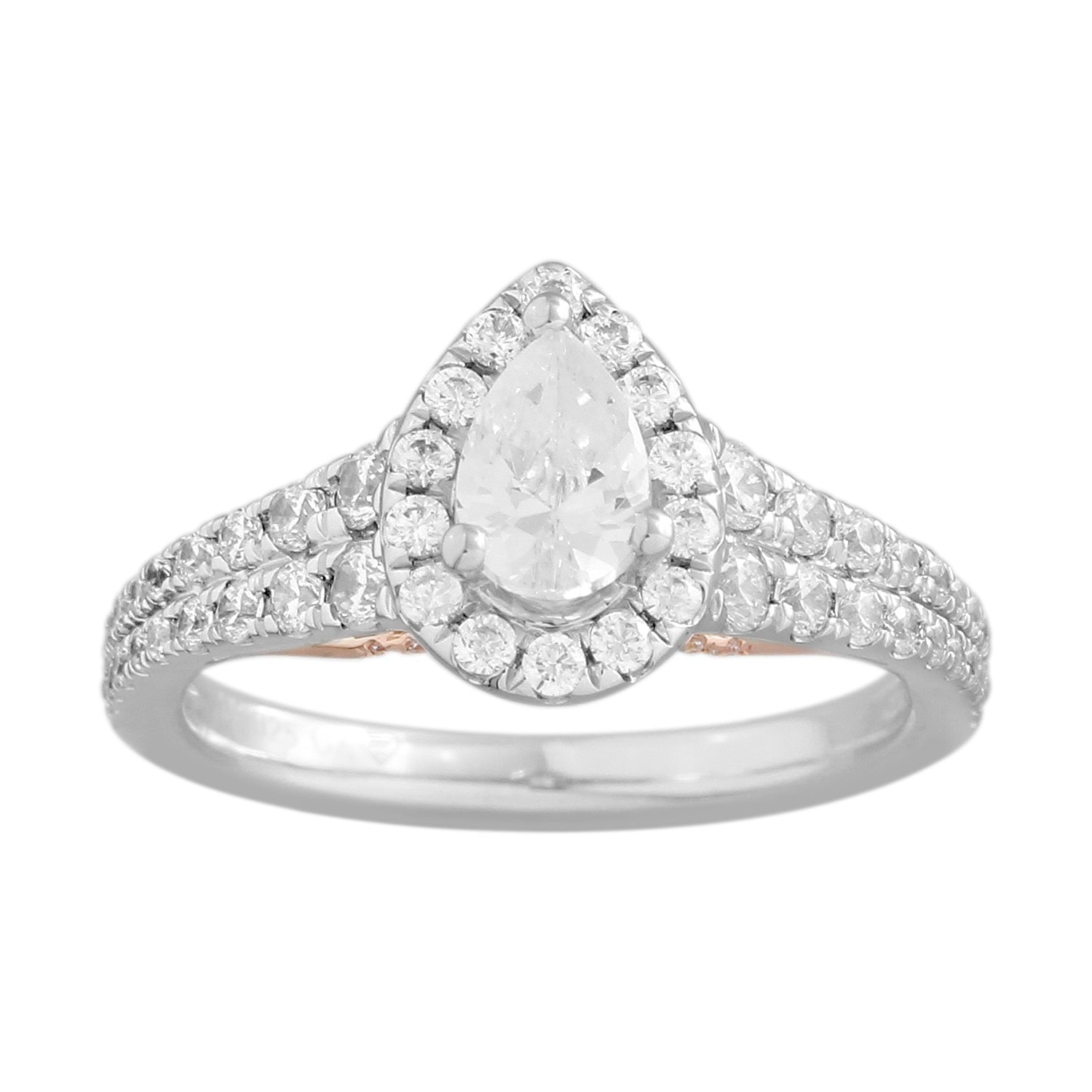 Double Prong Halo Diamond Engagement Ring made in 14k White and Rose gold-Pear