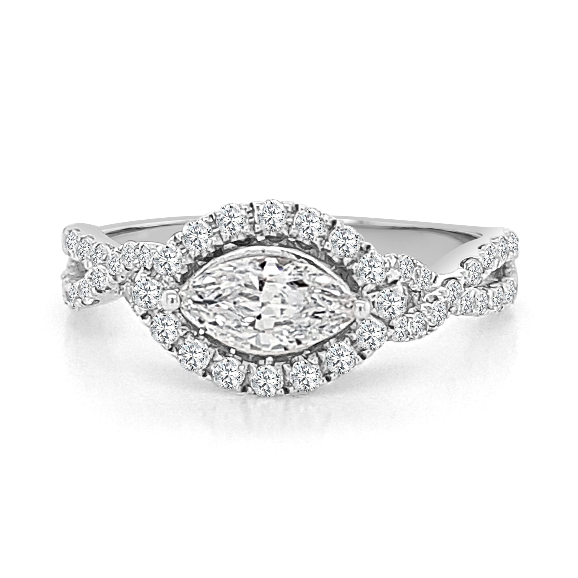 East-West Diamond Engagement Ring made in 14k White gold-Marquise