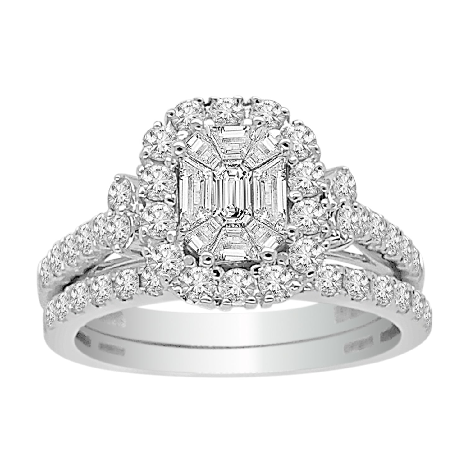 Fashion Halo Bridal Diamond Ring with Matching Band made in 18k White gold (Total diamond weight 1 1/4 carat)