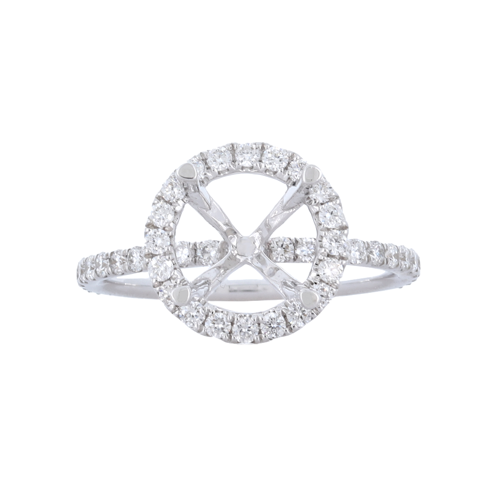 Round Semi -Mount Engagement Ring With Diamond Halo And Accent Side Diamonds In 18K White Gold, 0.61 Ct Diamonds.