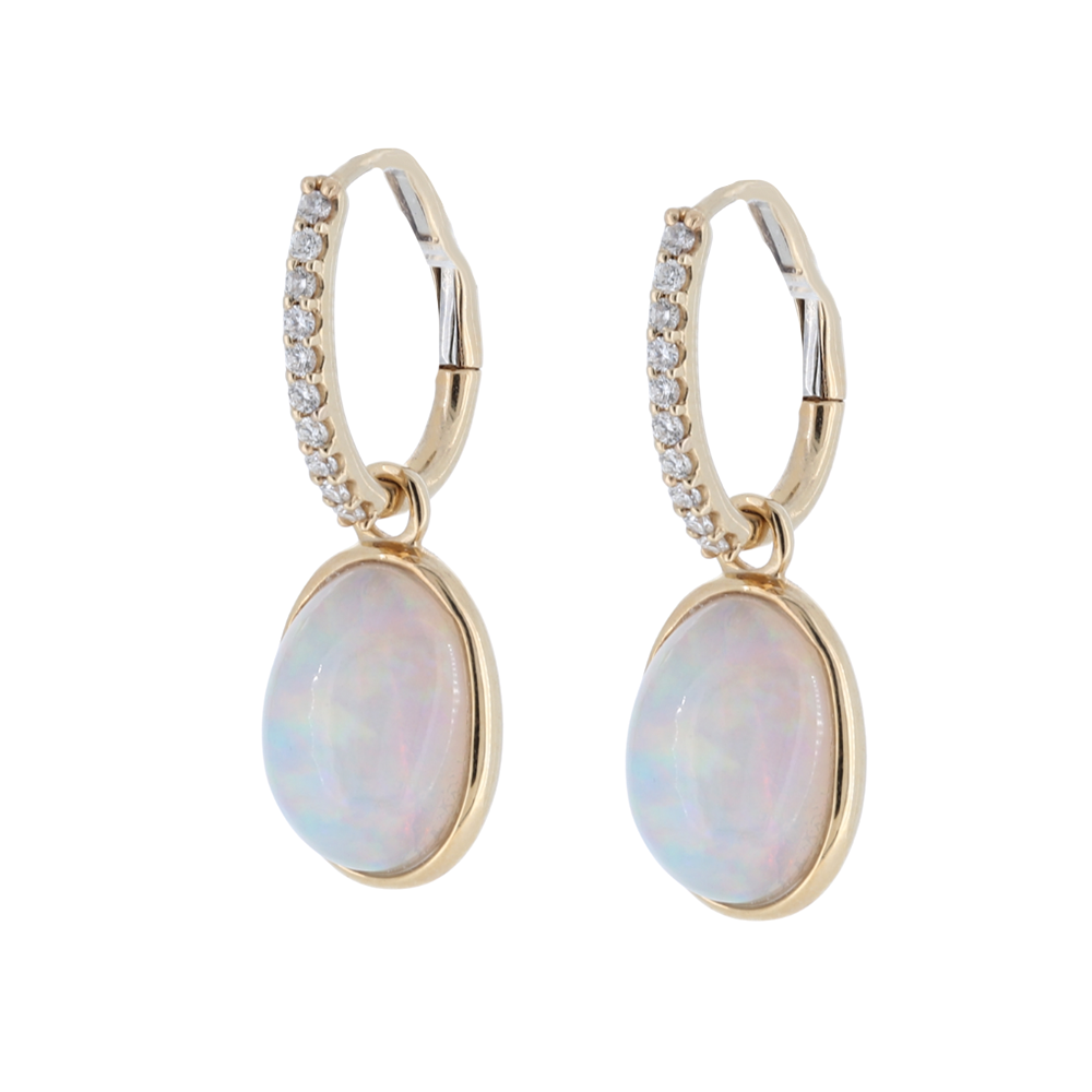 Natural Opal Drop Earrings With Diamonds, 14Kt Yellow Gold