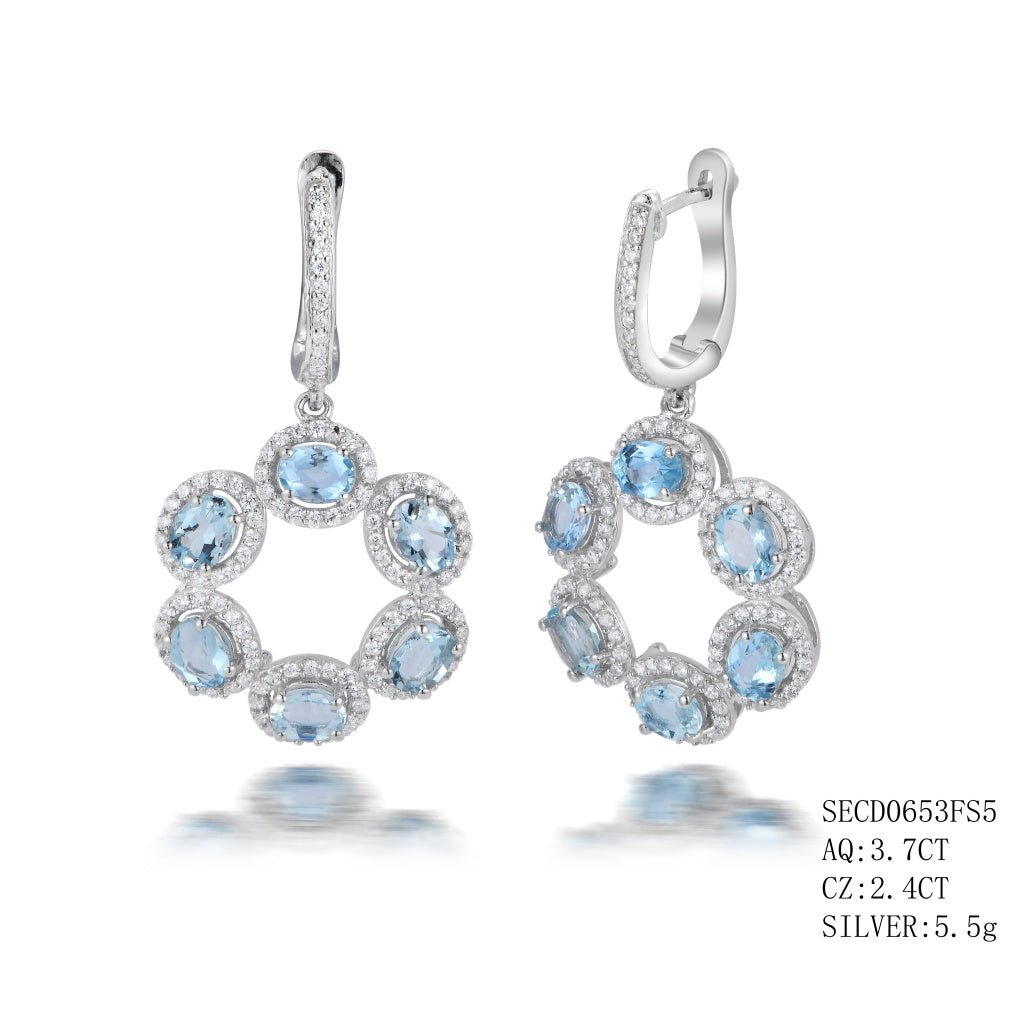 Sterling Silver Aquamarine Earrings With Euro Backs In A Halo Style  Aq-3.7Ctw And Cz-2.4Ctw