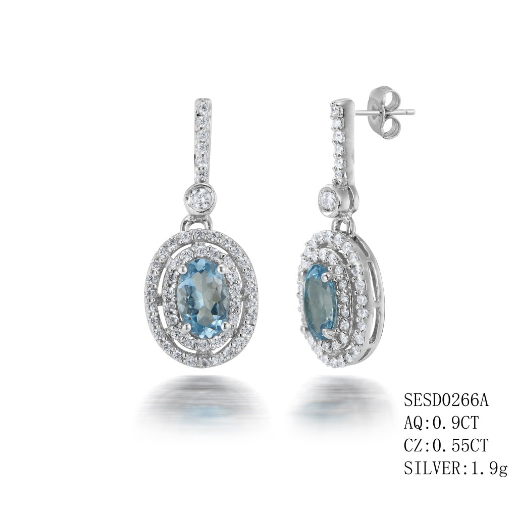 Sterling Silver Dangling Style Oval Shaped Aquamarine Earrings With Push Backs Aq-0.9Ctw And Cz-0.55Ctw