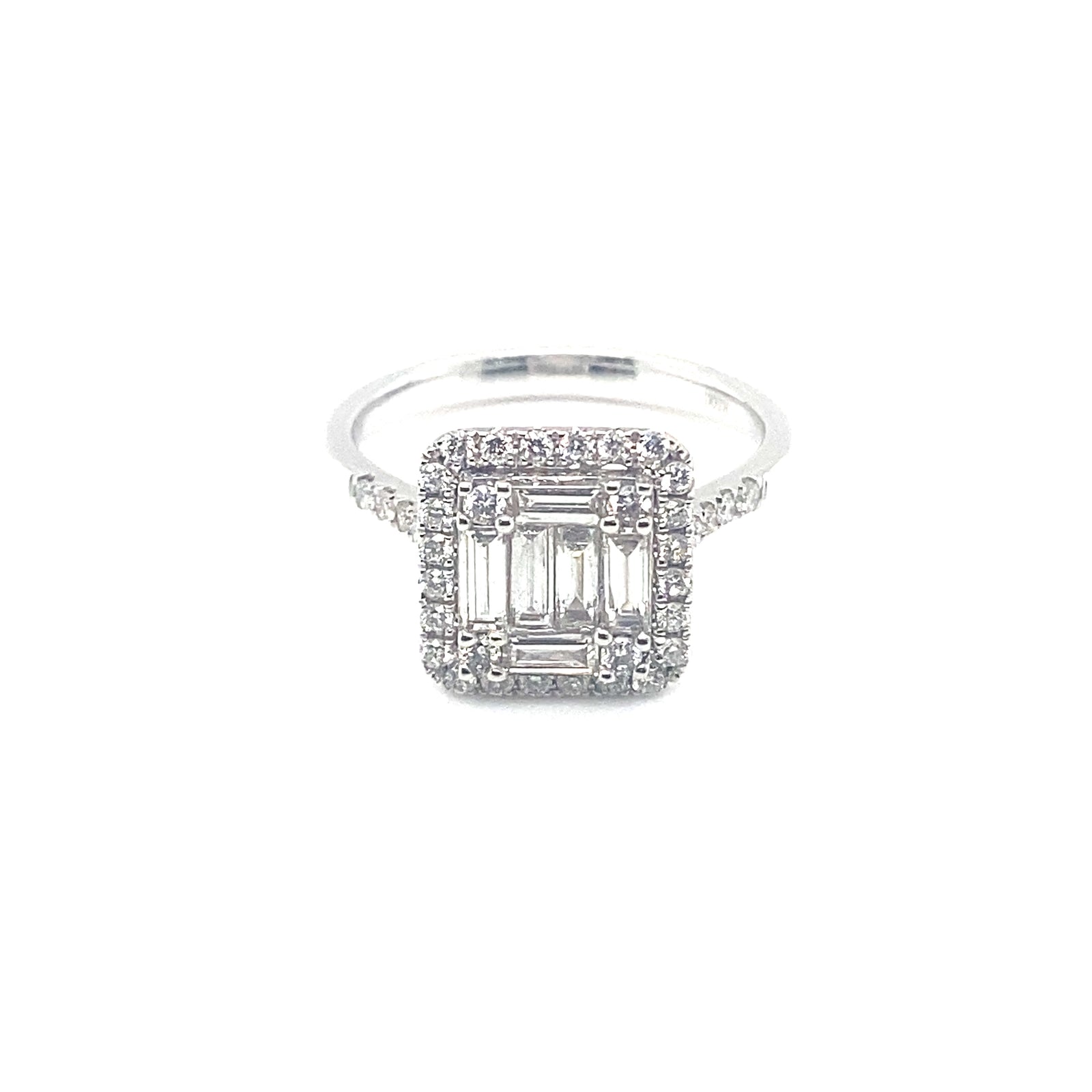 18k White Gold Diamond Ring with Baguette and Round Cut Diamonds