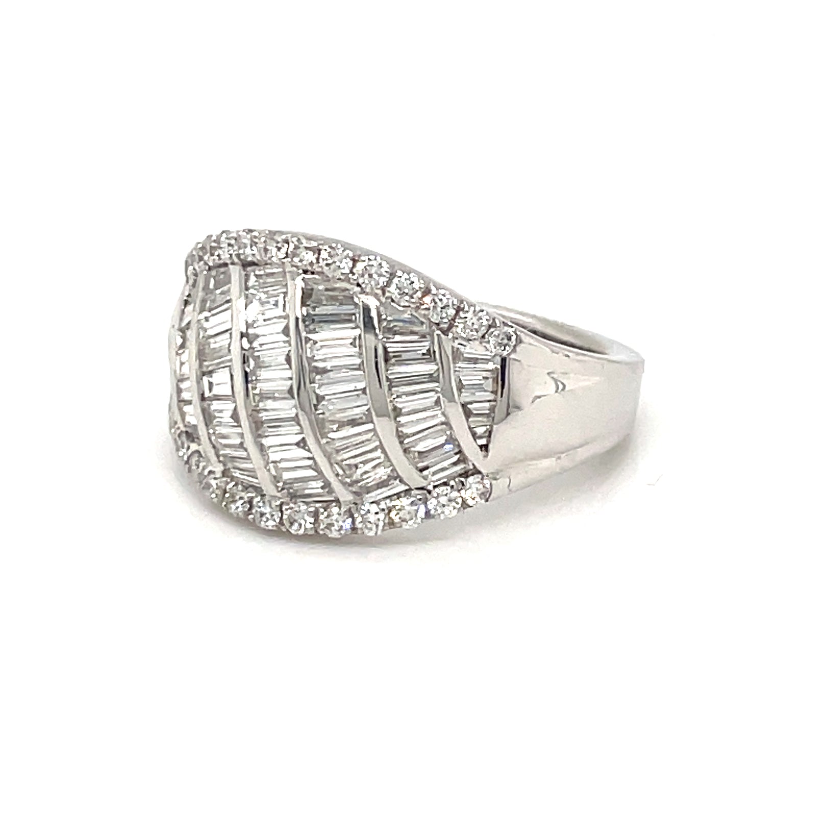 14k White Gold Ring with Baguette and Round Cut Diamonds