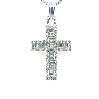 14k White Gold Baguette and Round Diamond Cross Pendant