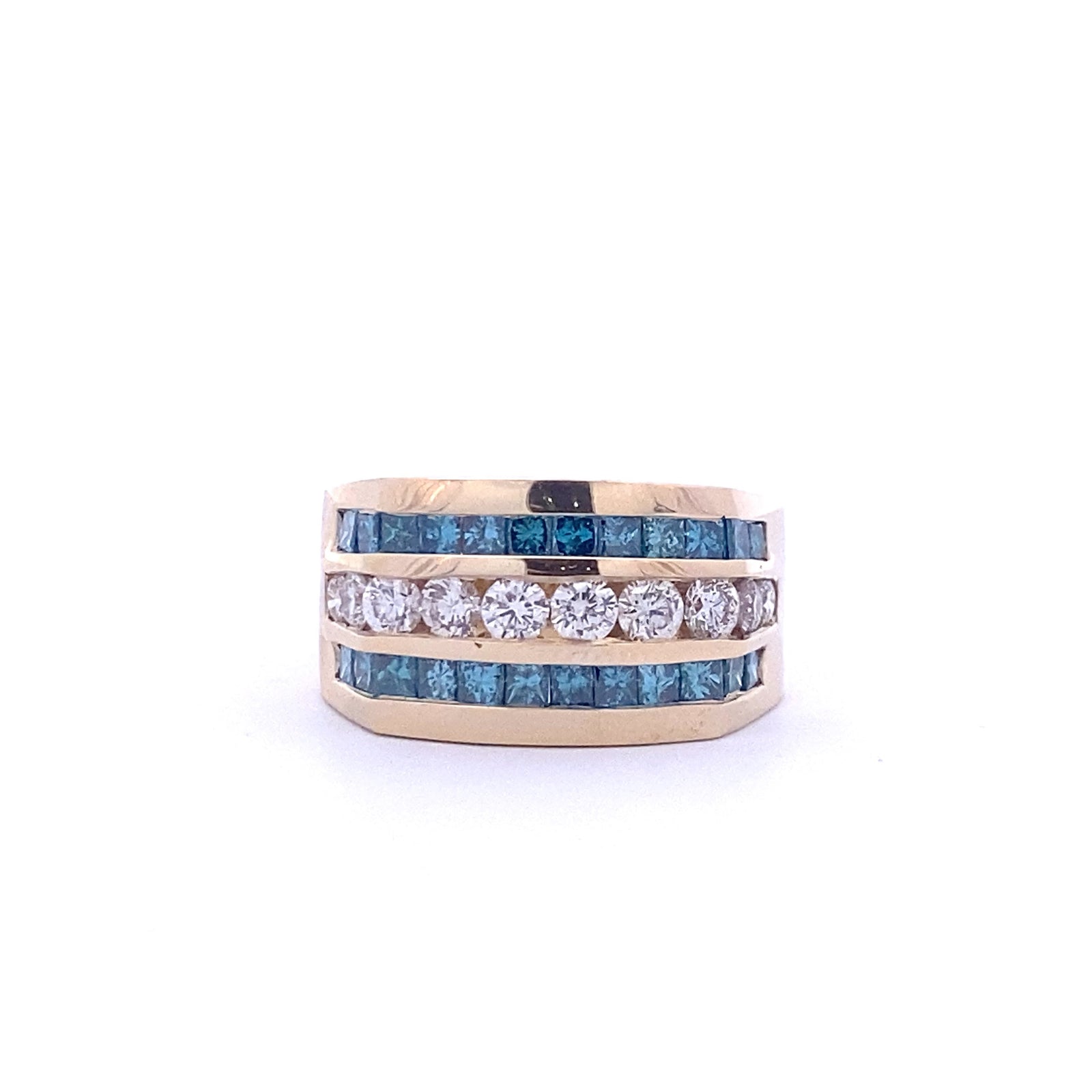 14k Yellow Gold Ring with Blue Diamonds and White Diamonds