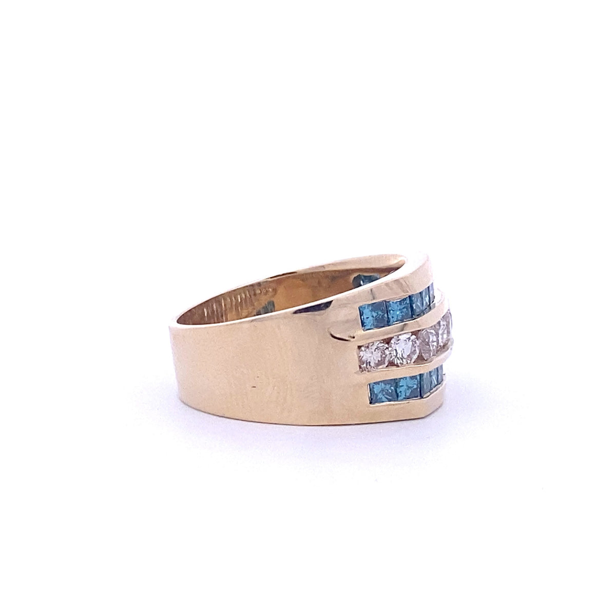 14k Yellow Gold Ring with Blue Diamonds and White Diamonds