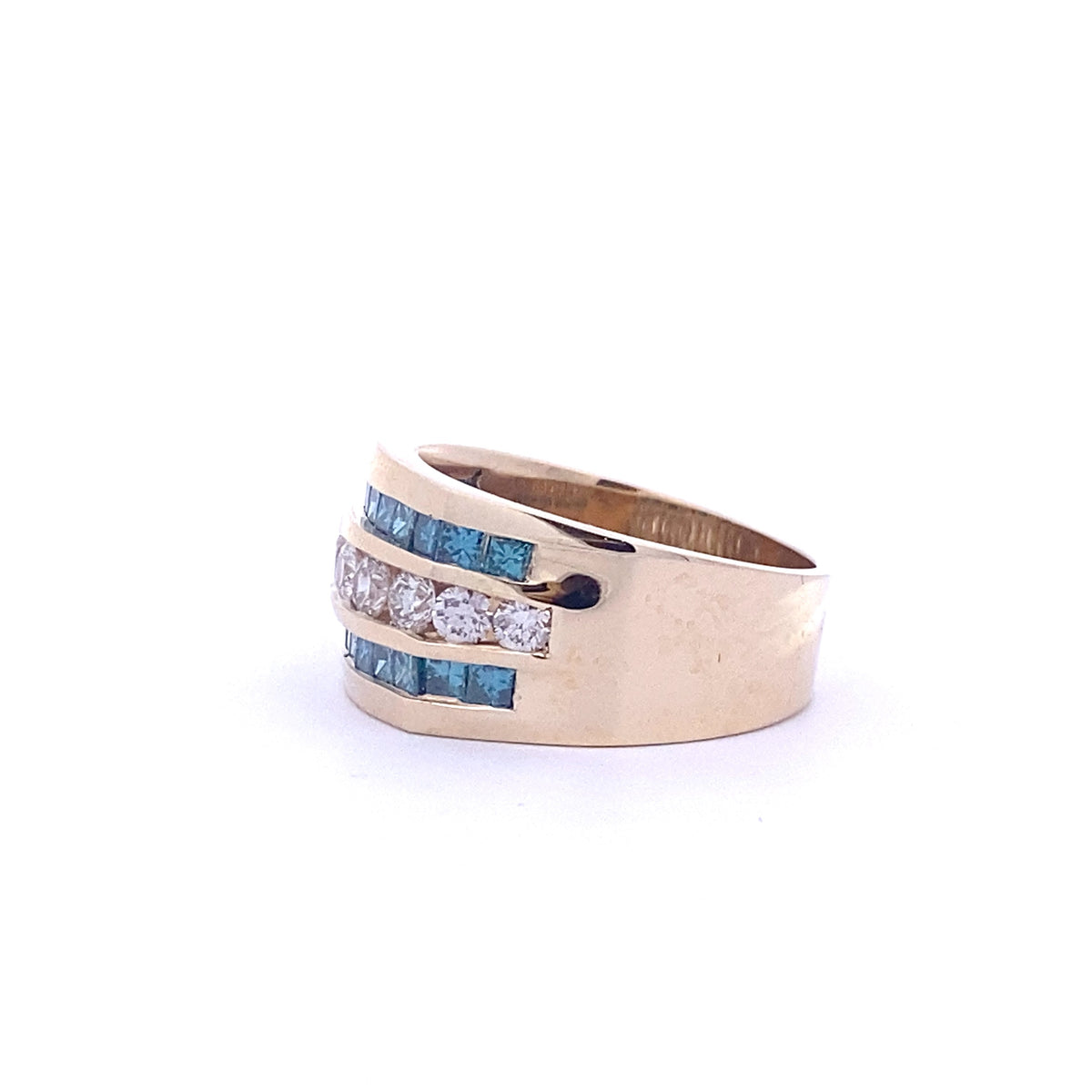 14k Yellow Gold Ring with Blue Diamonds and White Diamonds
