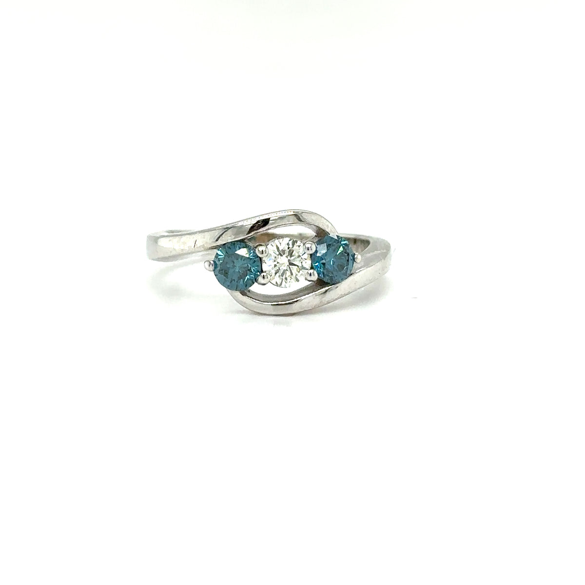 14k White Gold Ring with White and Blue Diamonds