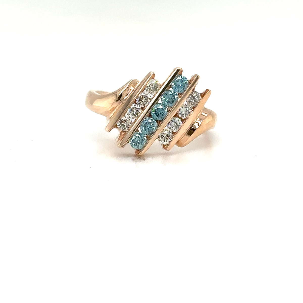 14k Rose Gold Ring with White and Blue Diamonds