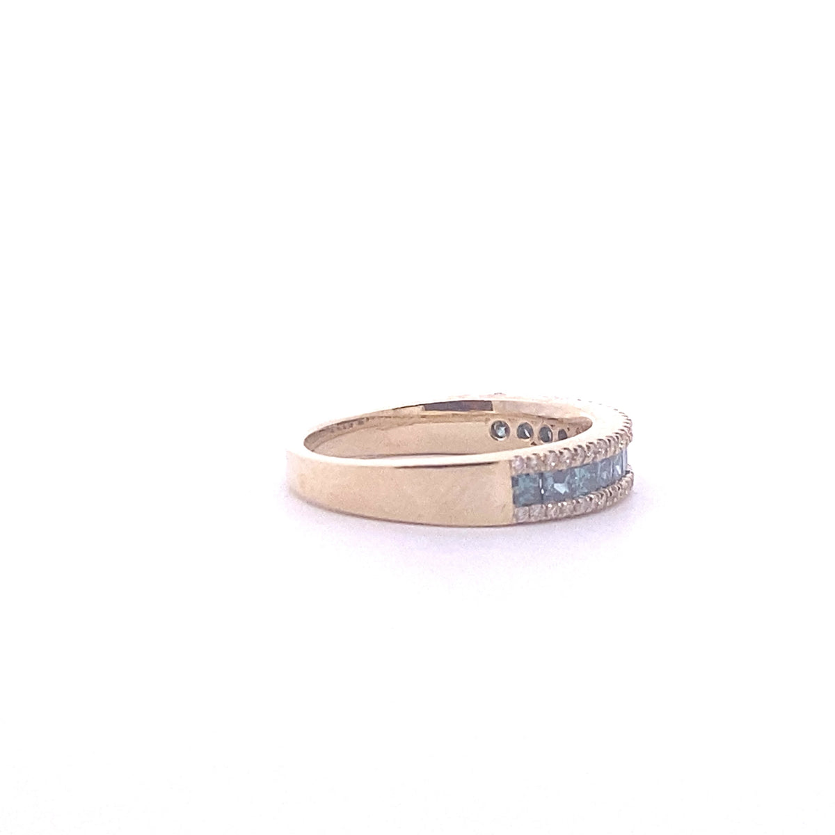14k Yellow Gold Ring with Round Cut Fancy Blue and White Diamonds