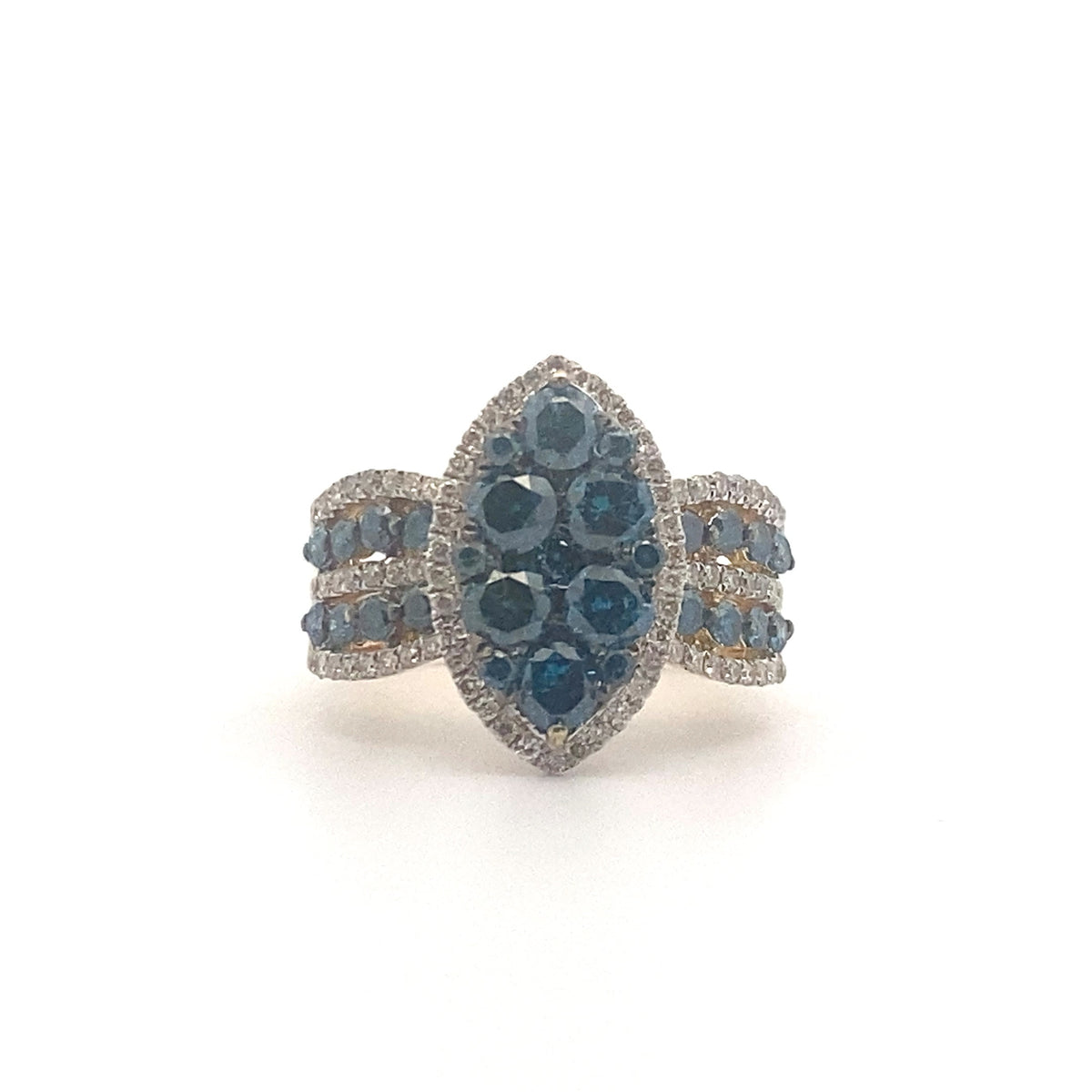 14k Yellow Gold Ring with Round Cut Fancy Blue and White Diamonds