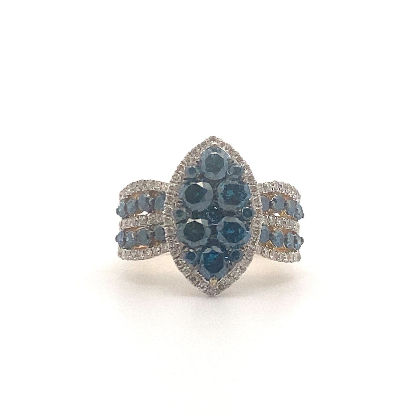 14k Yellow Gold Ring with Round Cut Fancy Blue and White Diamonds