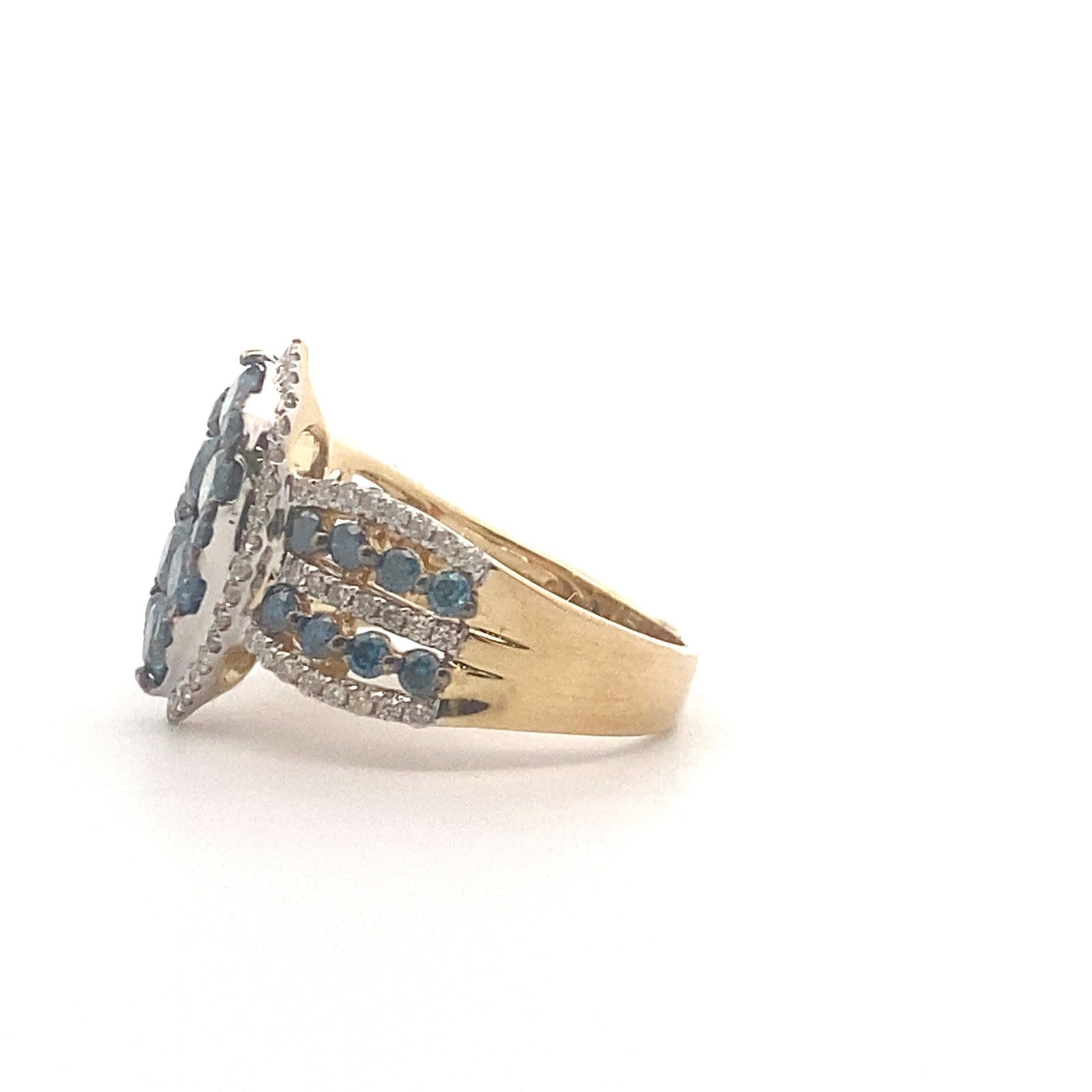 14k Yellow Gold Ring with Round Cut Fancy Blue and White Diamonds