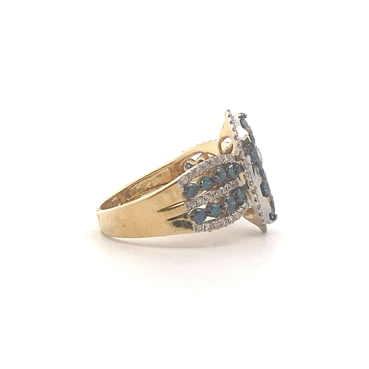 14k Yellow Gold Ring with Round Cut Fancy Blue and White Diamonds