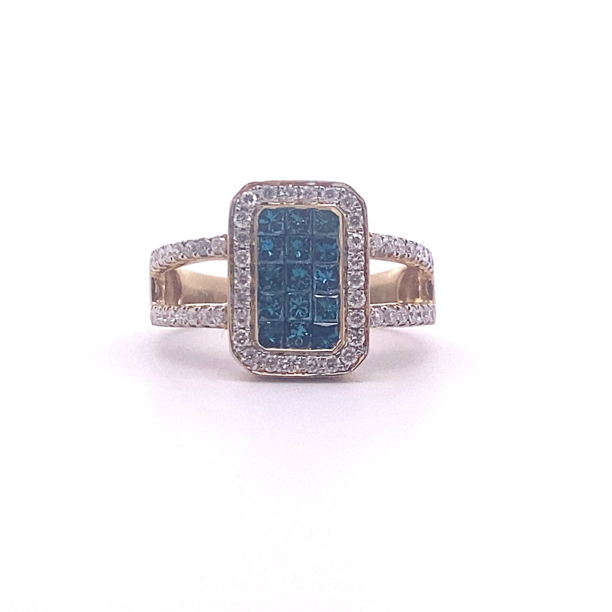 14k Yellow Gold Ring with Square Cut Fancy Blue and White Diamonds