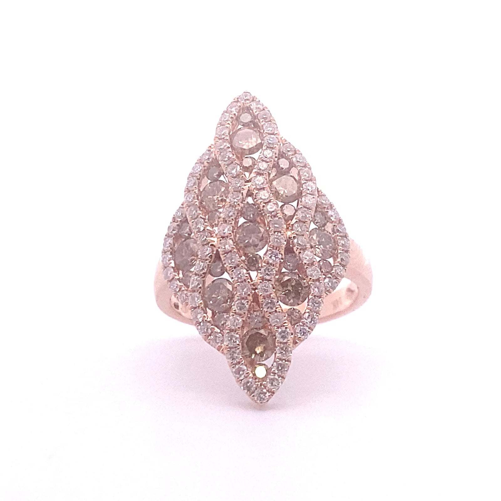 14k Rose Gold Ring with Round Cut Fancy Brown and White Diamonds