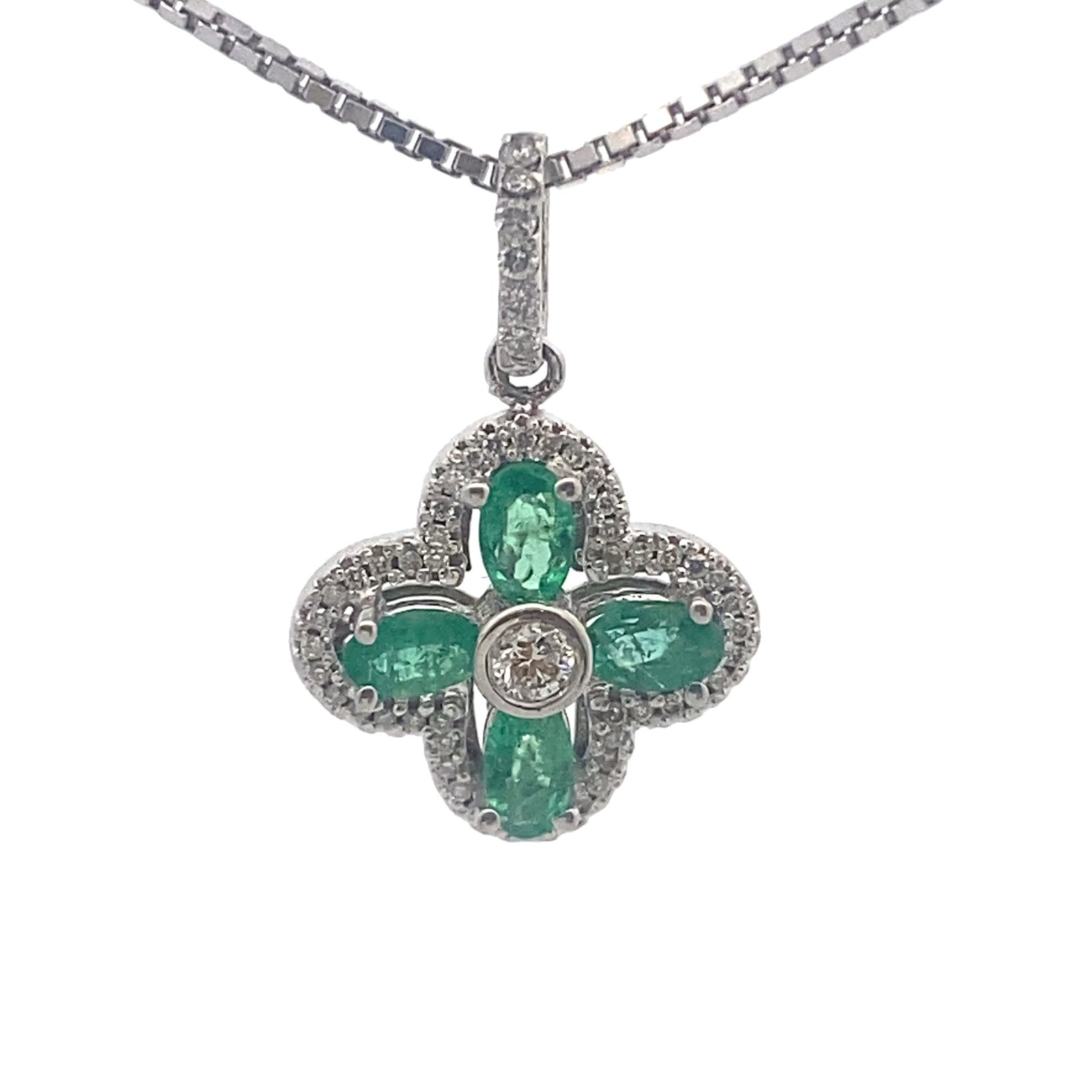 14k White Gold Emerald and Diamond Pendant