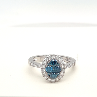 14k White Gold Ring with Round Cut Fancy Blue and White Diamonds