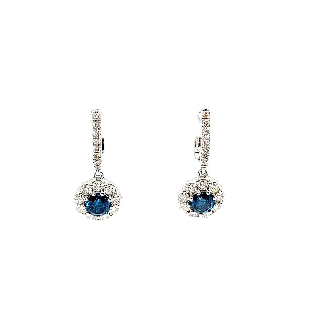 Elegant 14k White Gold Blue and White Diamond Drop Earrings