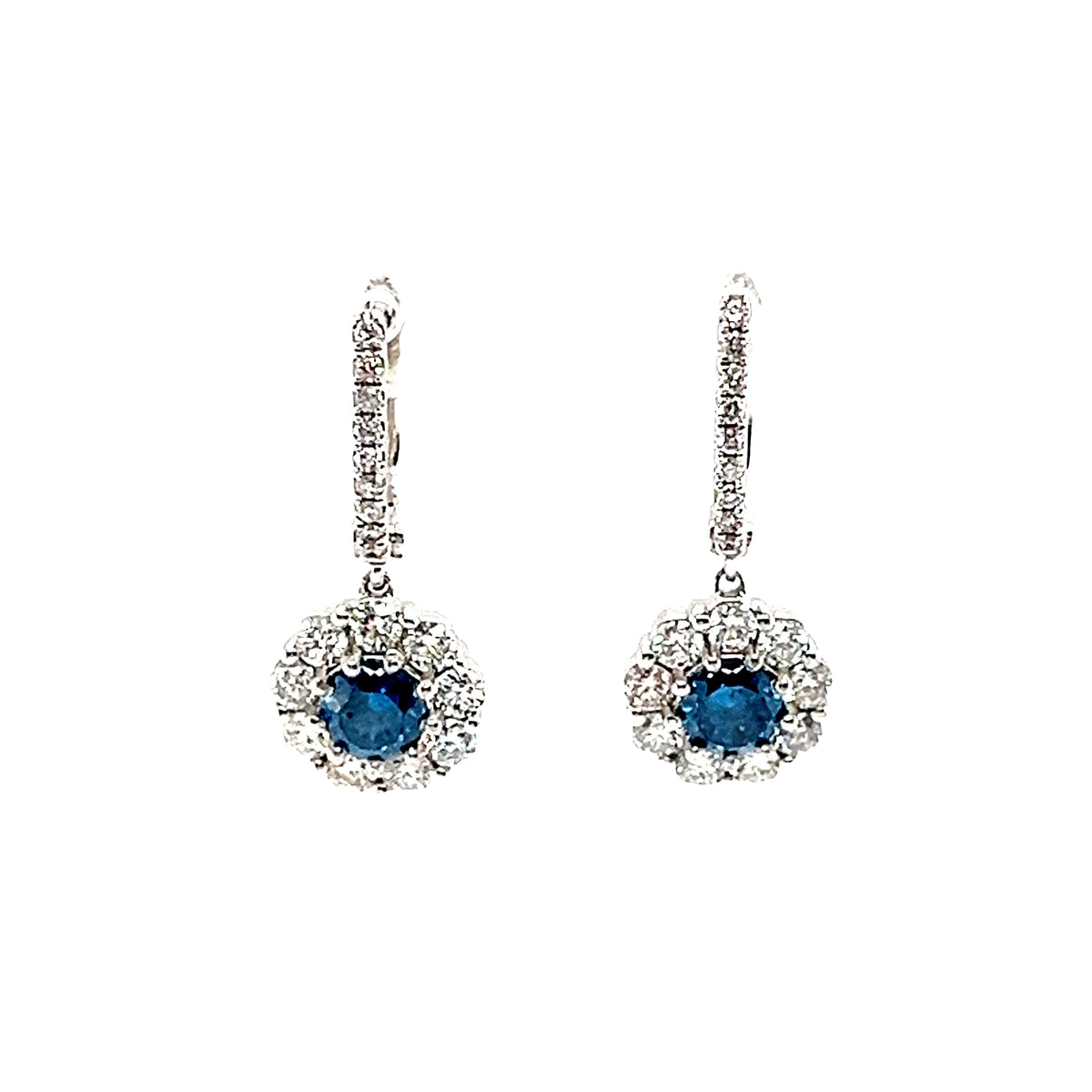 Elegant 14k White Gold Blue and White Diamond Drop Earrings
