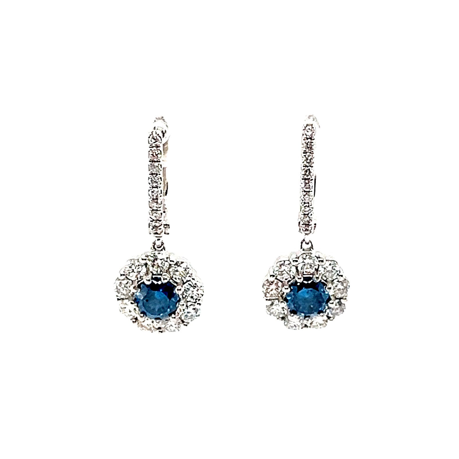 Elegant 14k White Gold Blue and White Diamond Drop Earrings