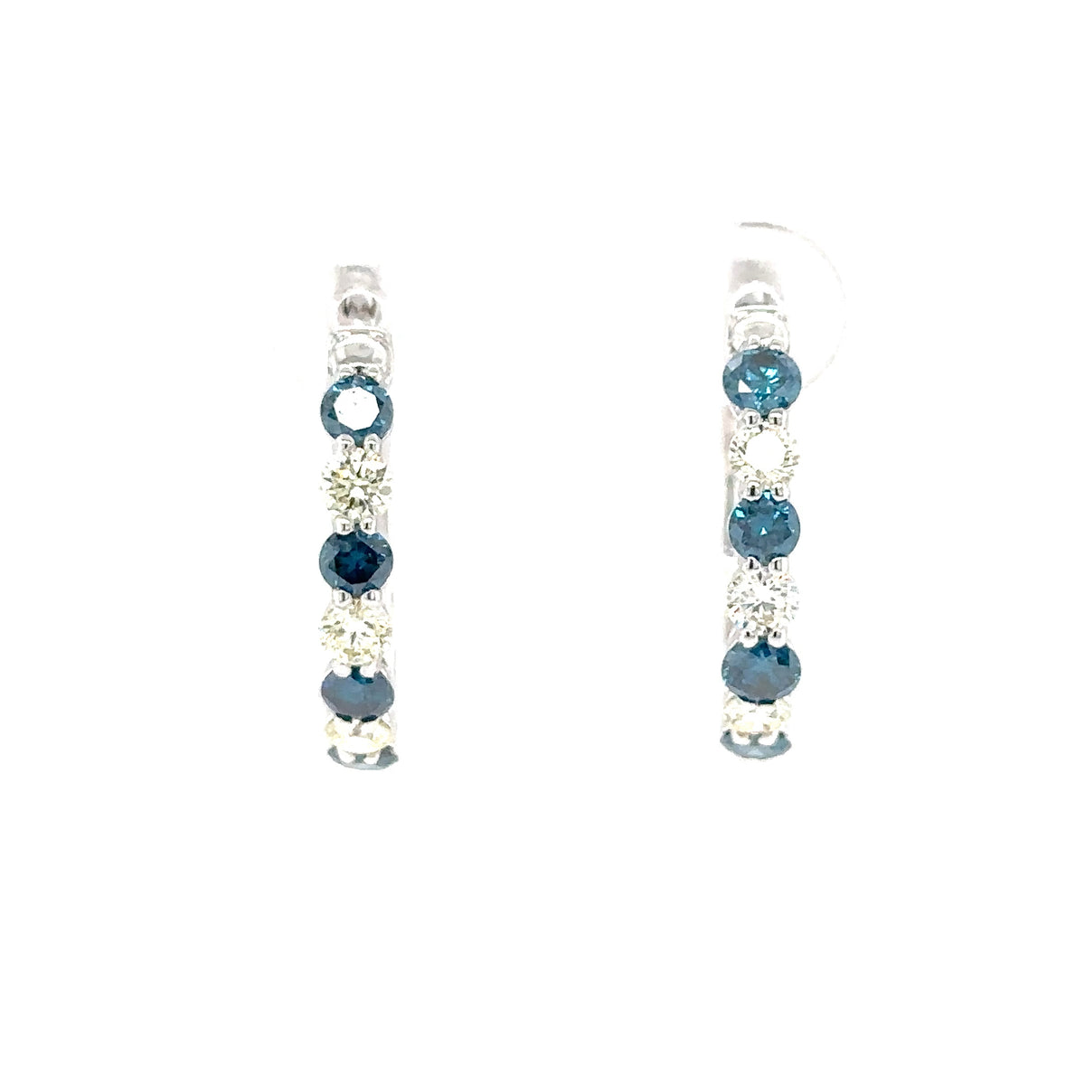 Elegant 14k White Gold Blue and White Diamond Hoop Earrings