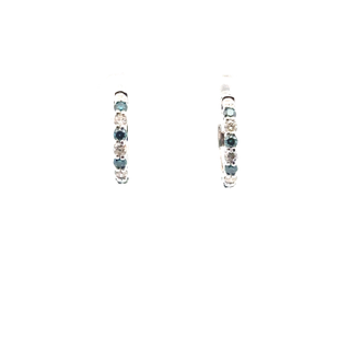 Elegant 14k White Gold Blue and White Diamond Hoop Earrings