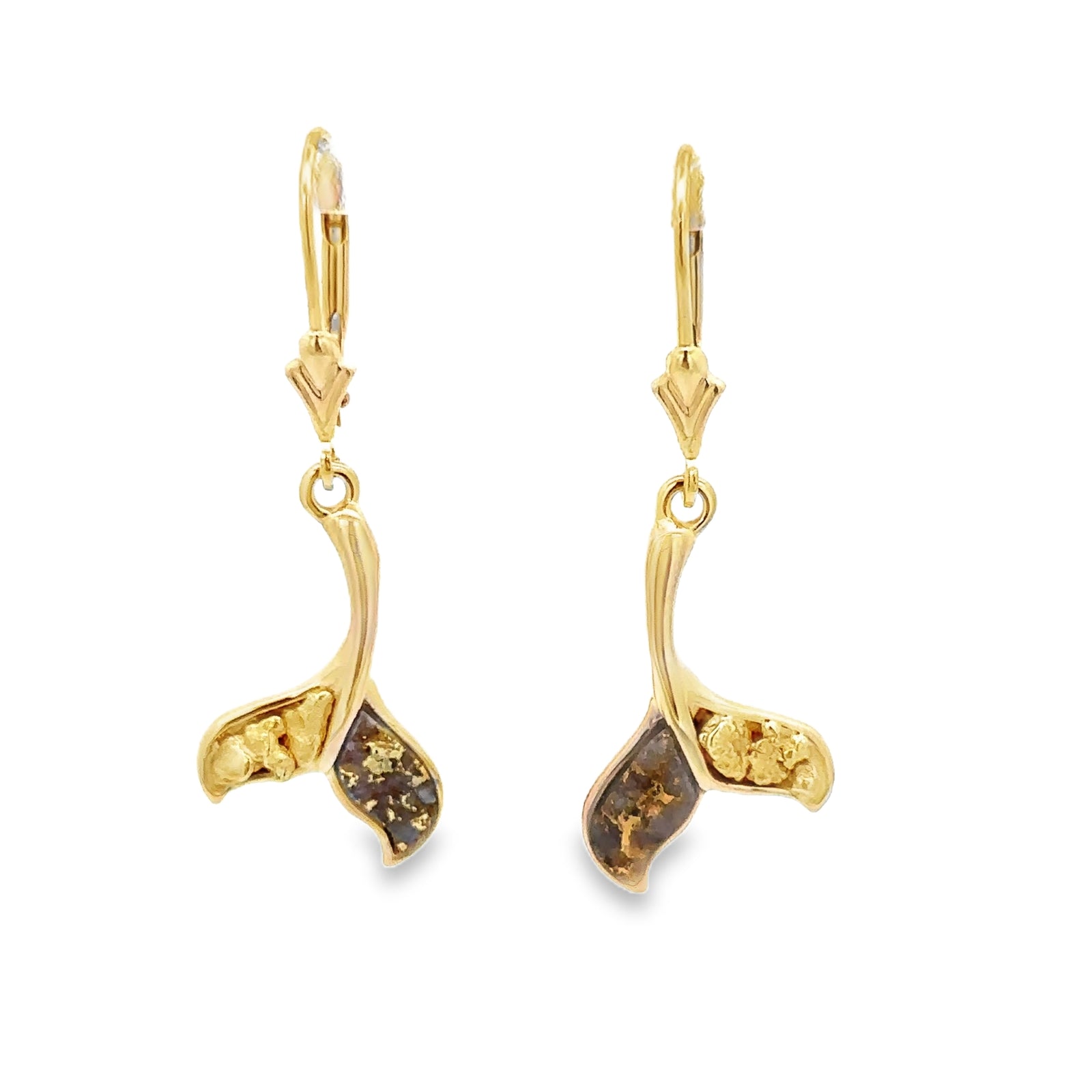 14k Yellow Gold Whale Tail Earrings with Natural Gold-Quartz and Gold Nuggets