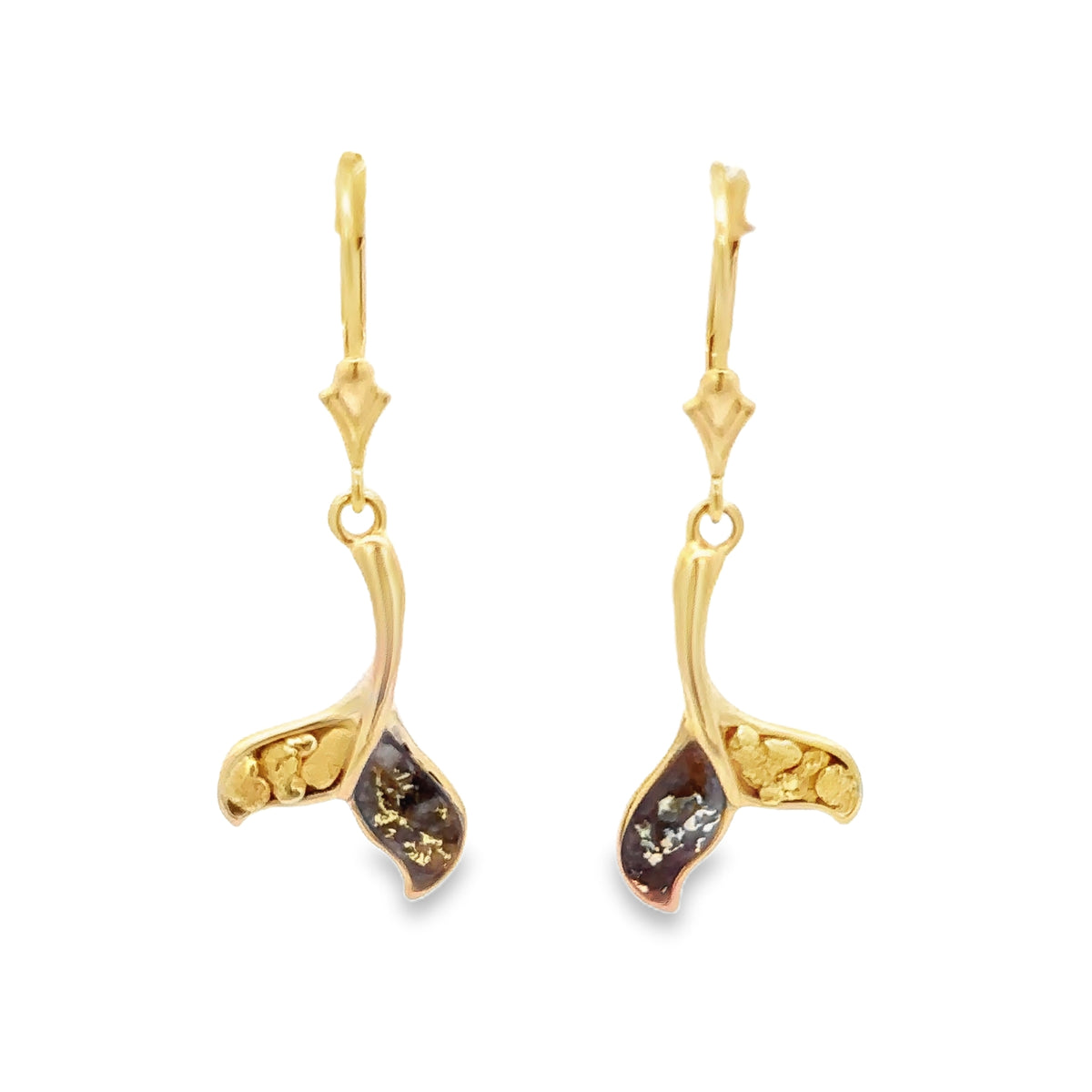 14k Yellow Gold Whale Tail Earrings with Natural Gold-Quartz and Gold Nuggets
