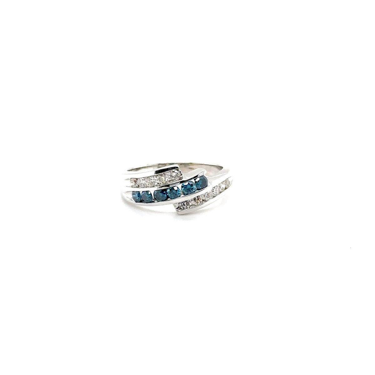 14k White Gold Ring with White and Blue Diamonds