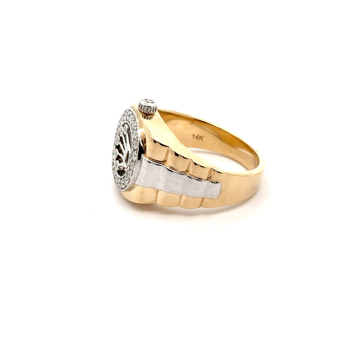 14k White and Yellow Gold Signet Ring with Round Cut Diamond
