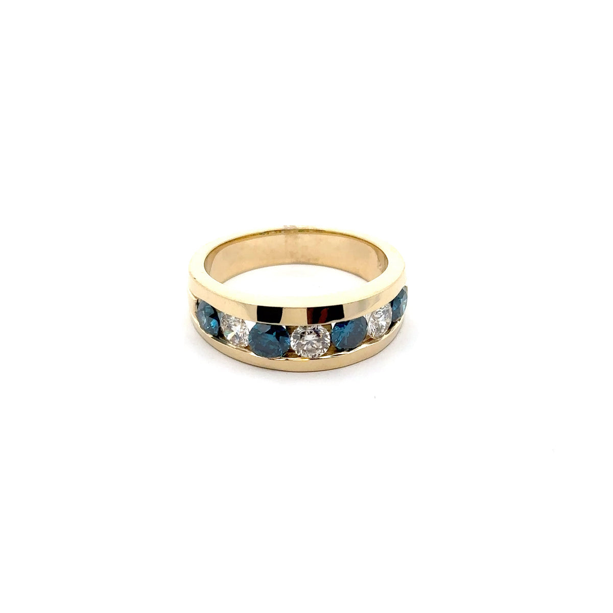 14k Yellow Gold Ring with White and Blue Diamonds
