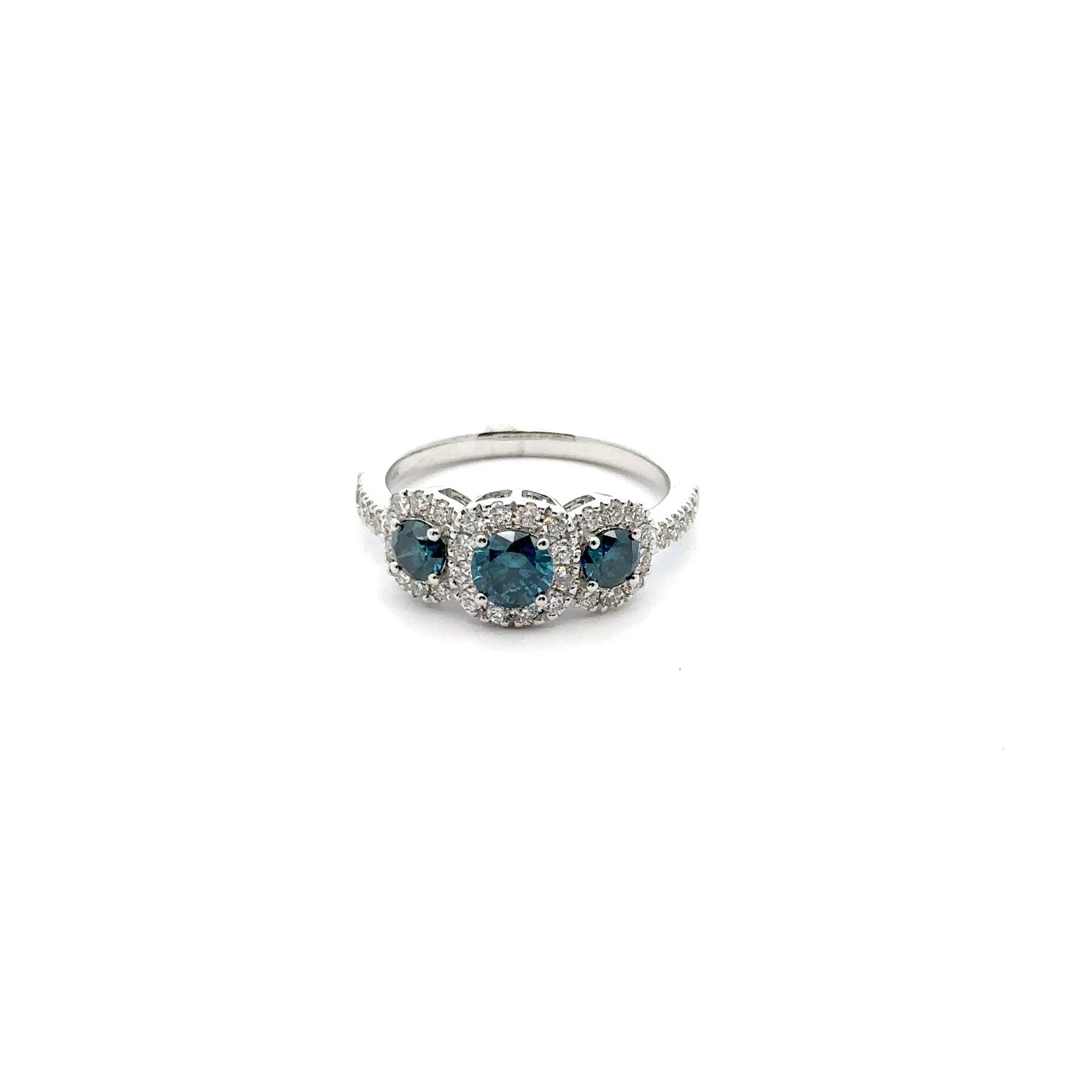 14k White Gold Ring with White and Blue Diamonds