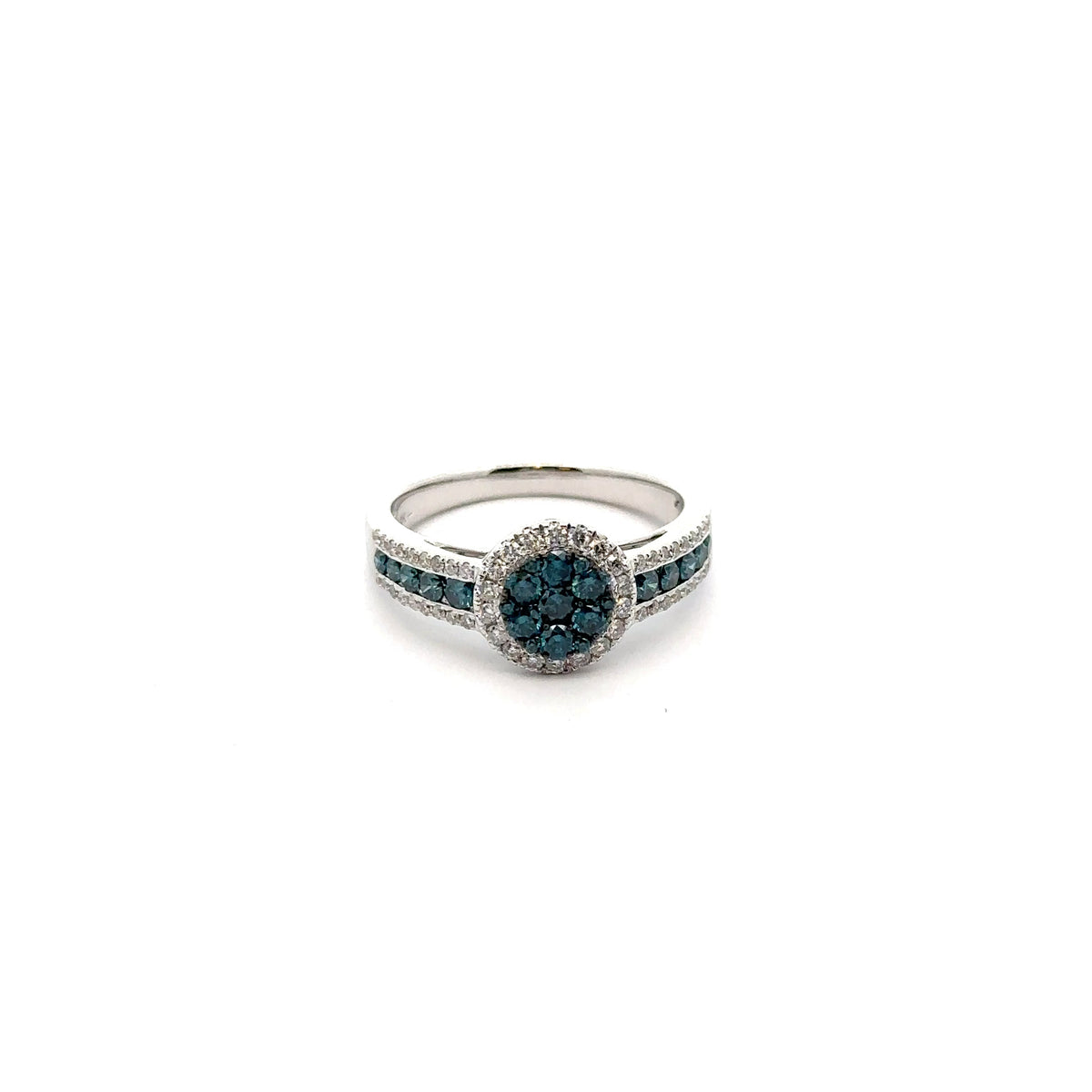 14k White Gold Ring with White and Blue Diamonds