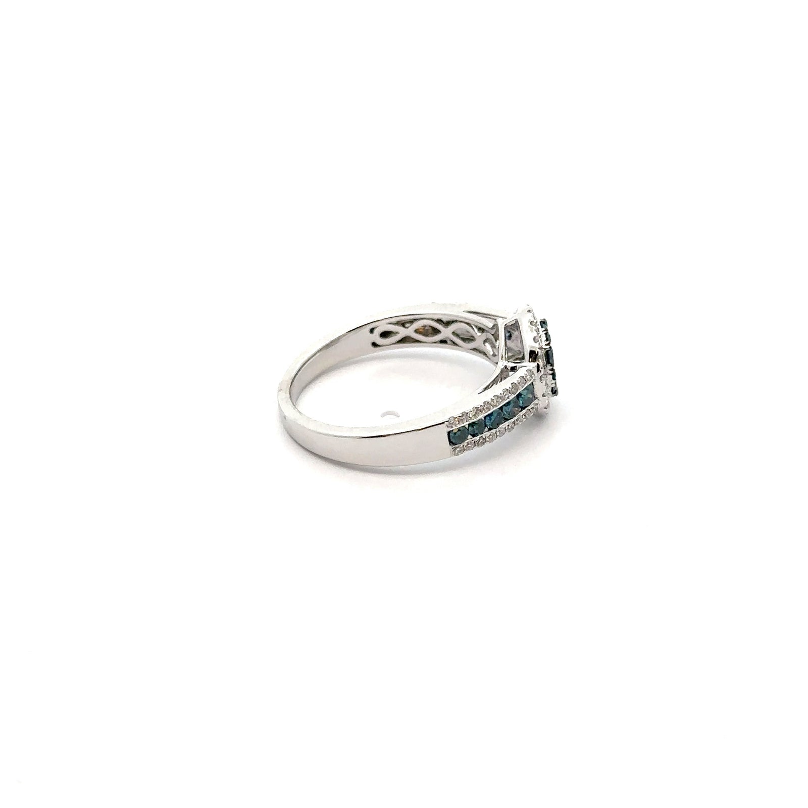 14k White Gold Ring with White and Blue Diamonds