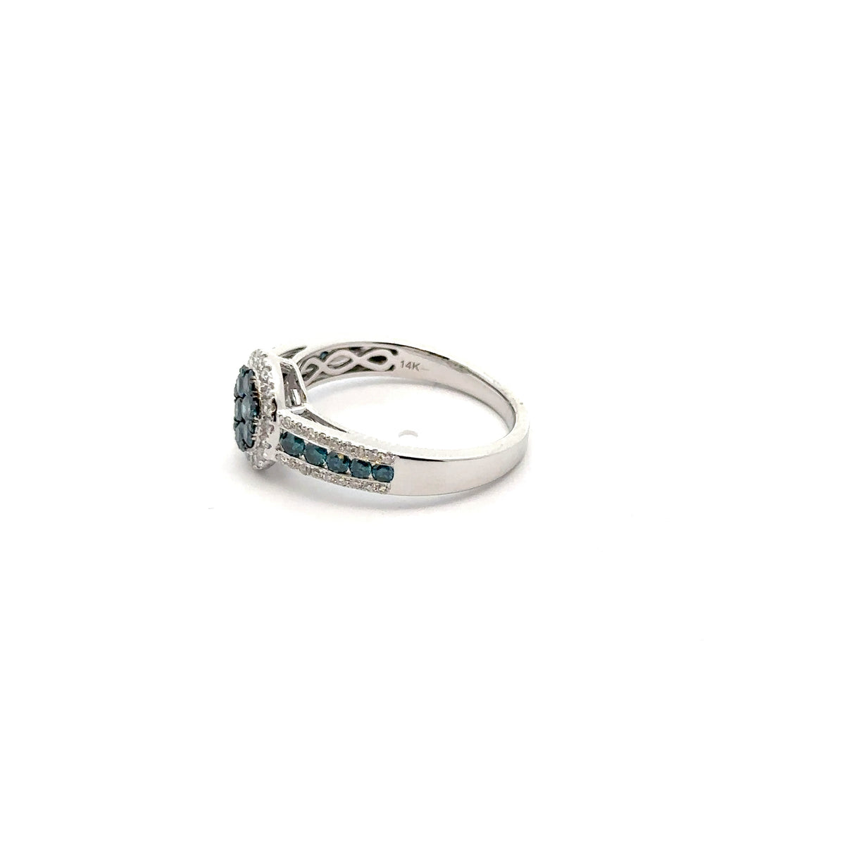 14k White Gold Ring with White and Blue Diamonds