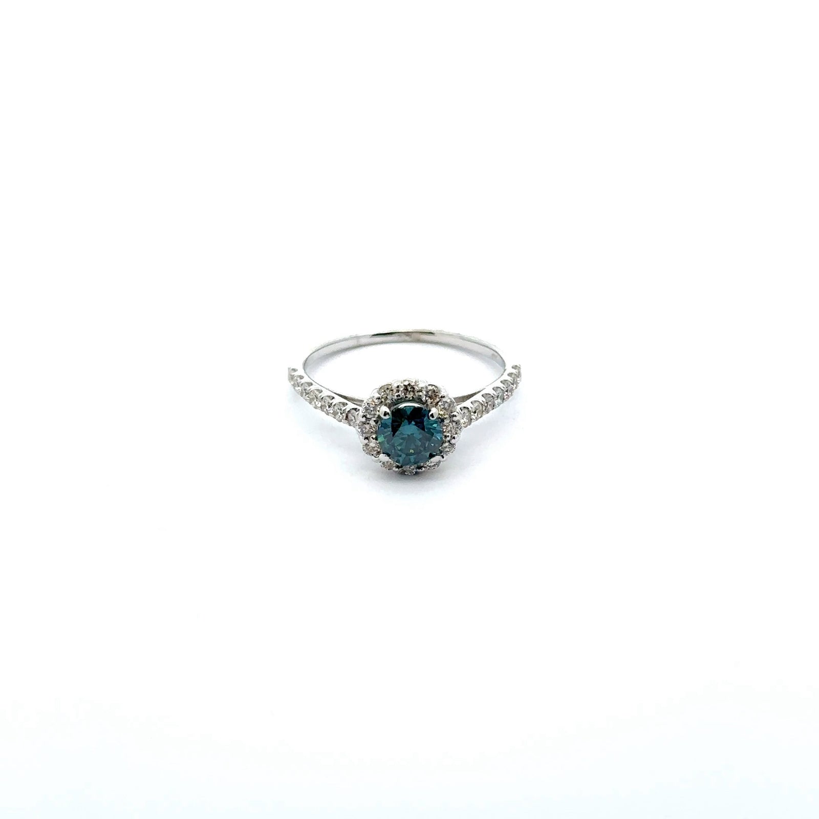 14k White Gold Ring with White and Blue Diamonds