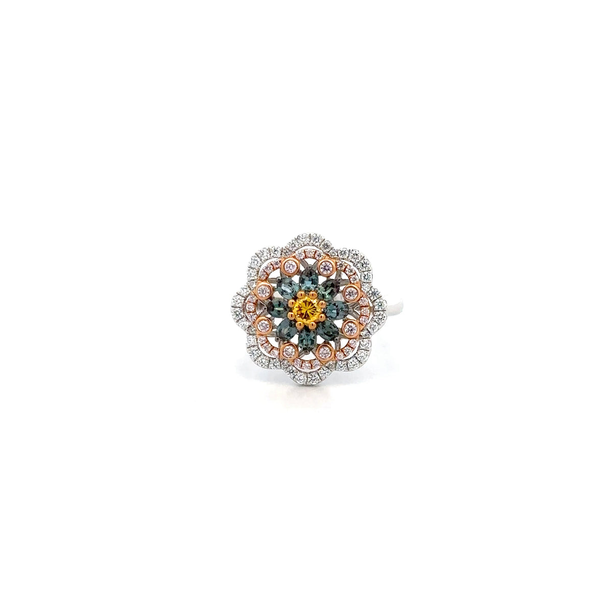 Elegant Platinum Ring with Alexandrites and Fancy Colored Diamonds