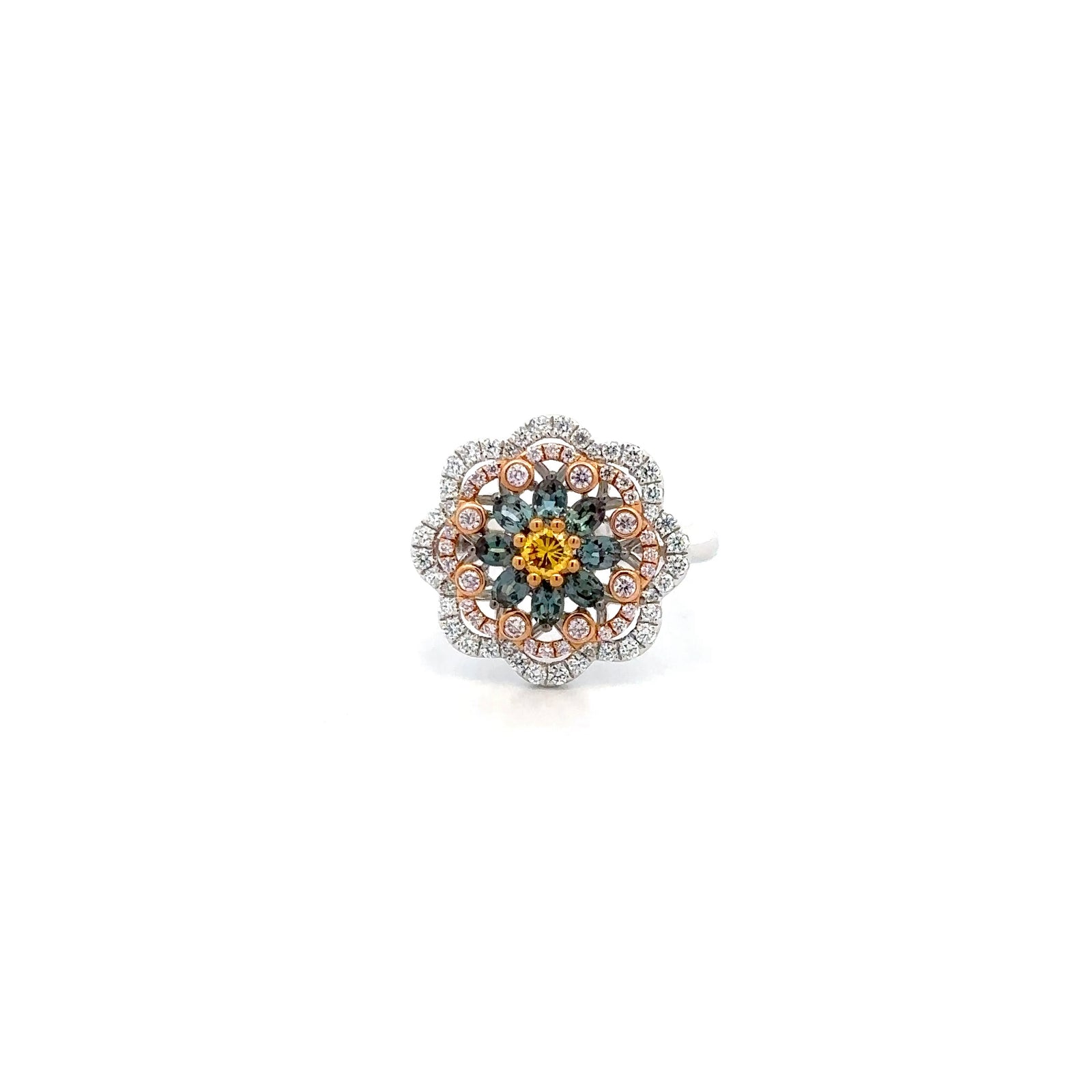 Elegant Platinum Ring with Alexandrites and Fancy Colored Diamonds